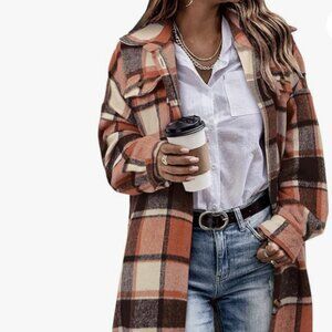 Womens Plaid Long Shacket Flannel Jacket Casual Lapel Button Down Tartan Trench